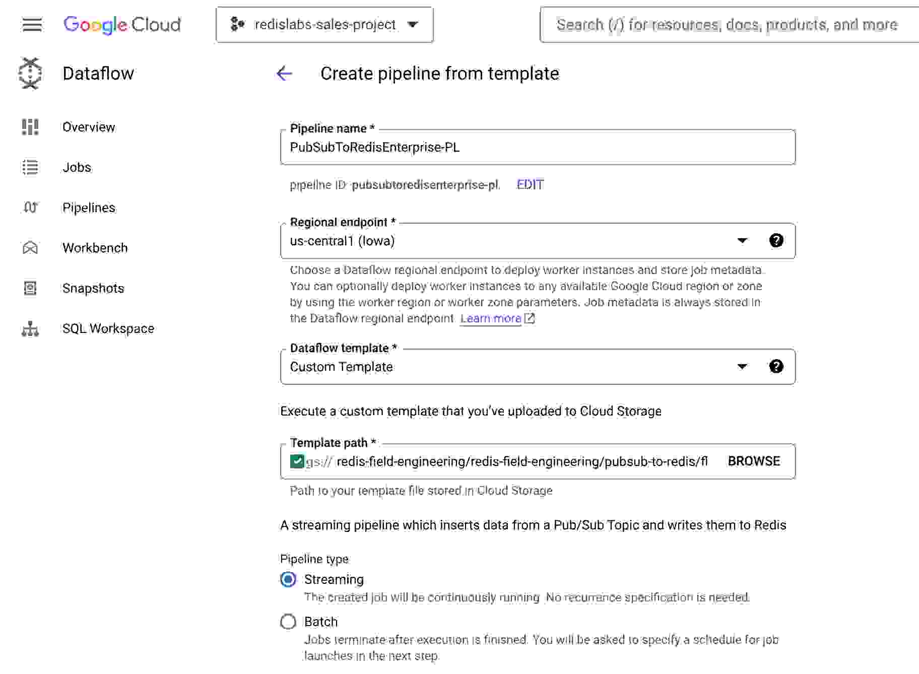 A Google cloud template for adding the cloud dataflow to Redis enterprise